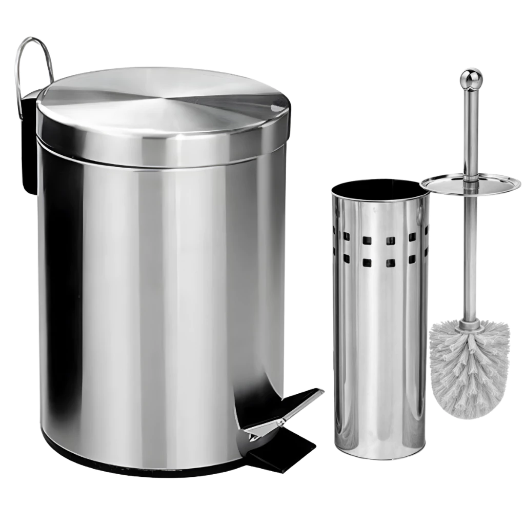 Lixeira Banheiro Inox Pedal Cozinha + Escova Sanitária Inox Com Suporte